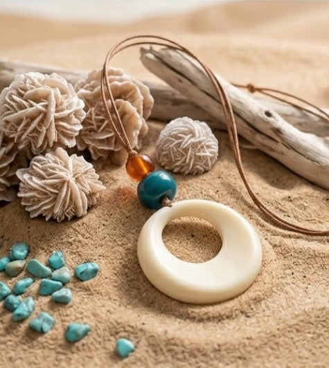 White Stone pendant necklace with leather chain