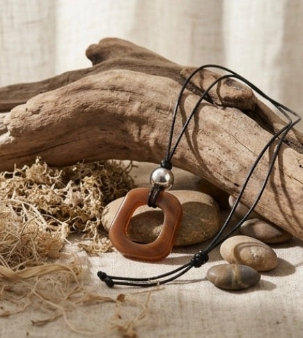 Stone / Steel Ball pendant with leather chain necklace