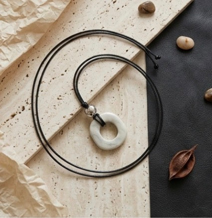 Stone / Steel Ball pendant with leather chain necklace