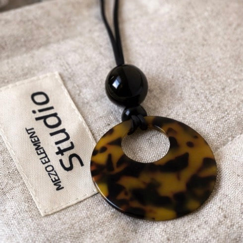 Yellow Cat Stone / Black Ball pendant with leather chain necklace