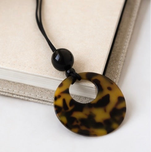 Yellow Cat Stone / Black Ball pendant with leather chain necklace