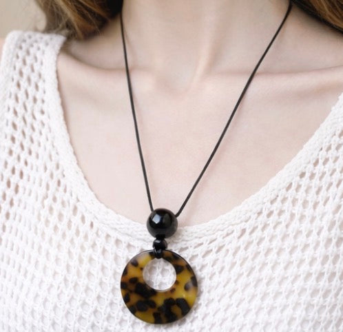 Yellow Cat Stone / Black Ball pendant with leather chain necklace