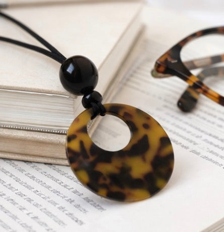 Yellow Cat Stone / Black Ball pendant with leather chain necklace