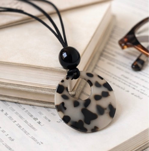 White Cat Stone / Black Ball pendant with leather chain necklace