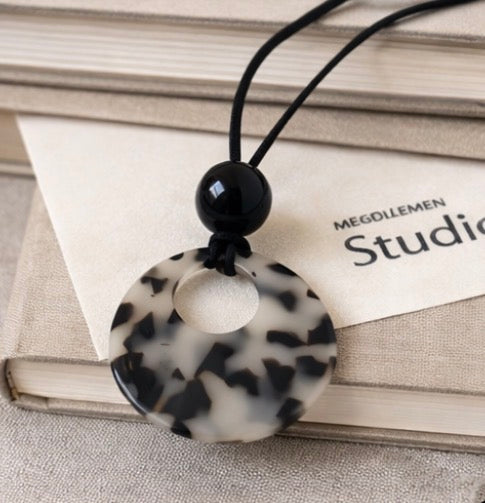 White Cat Stone / Black Ball pendant with leather chain necklace