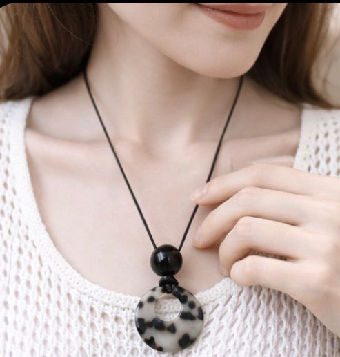 White Cat Stone / Black Ball pendant with leather chain necklace