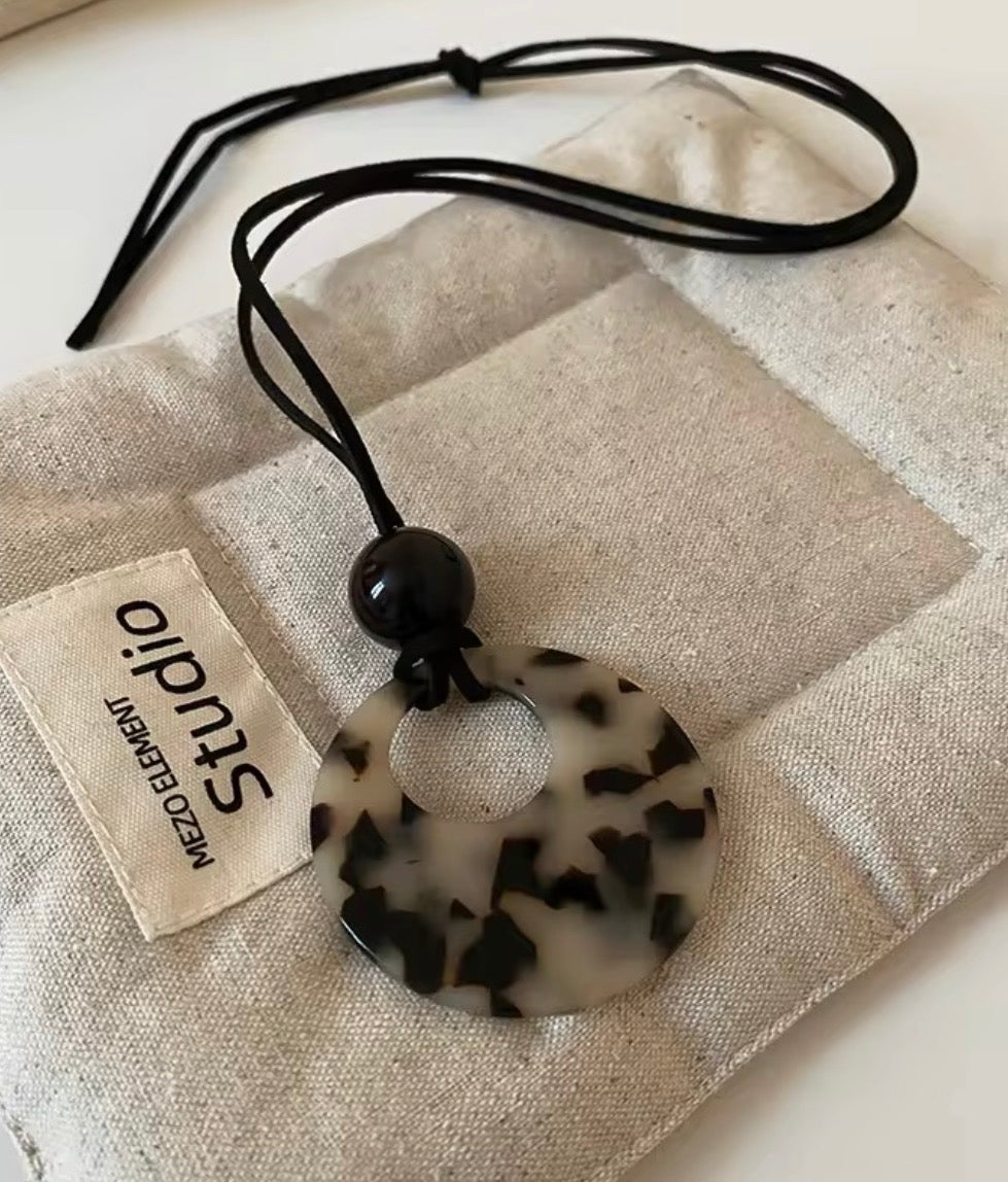 White Cat Stone / Black Ball pendant with leather chain necklace