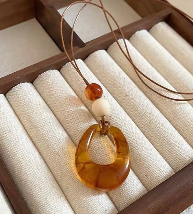 Gold Cat Stone / Black Ball pendant with leather chain necklace