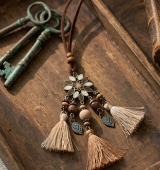 Ethnic Design Pendant with leather chain necklace