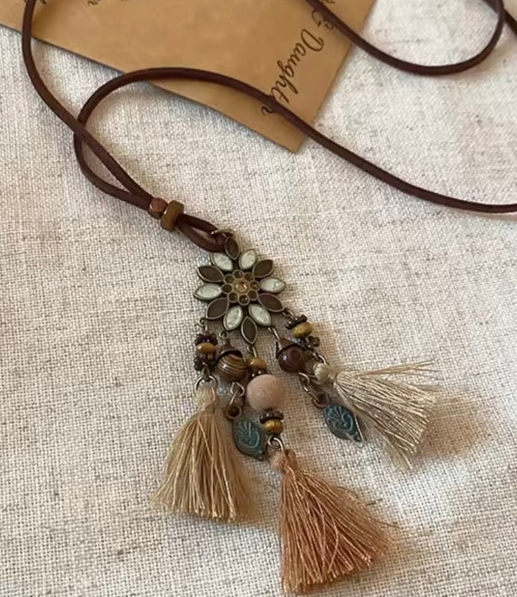 Ethnic Design Pendant with leather chain necklace