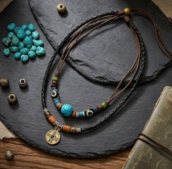 Double layer Coin and Blue Ball pendant with leather chain necklace