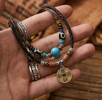 Double layer Coin and Blue Ball pendant with leather chain necklace