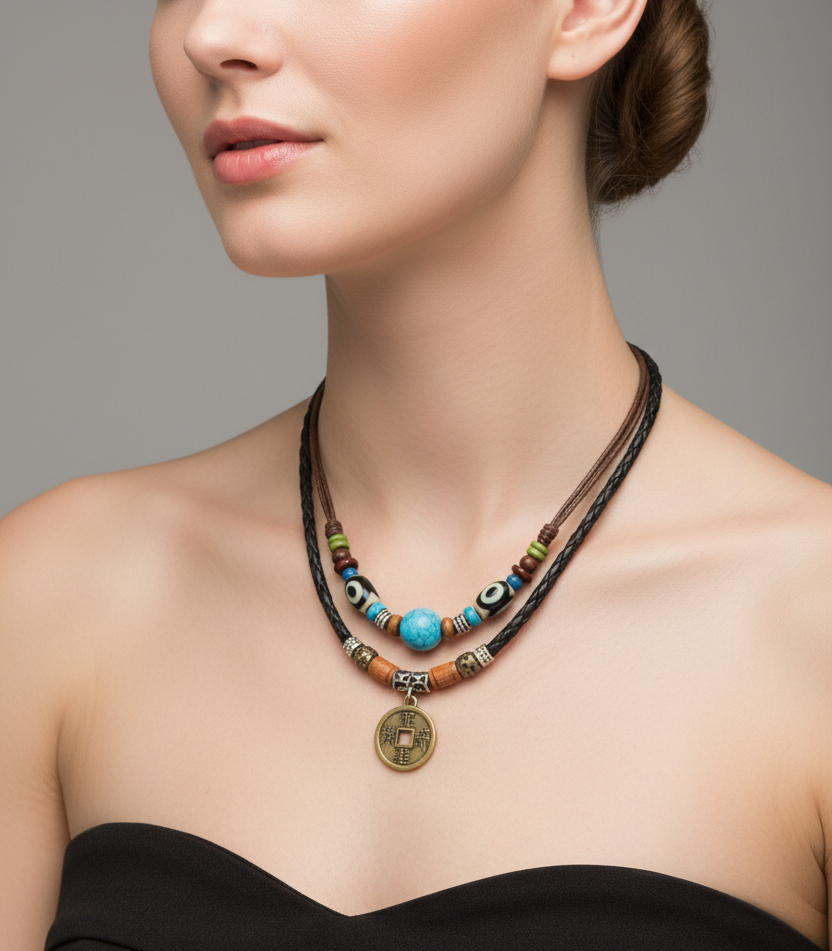 Double layer Coin and Blue Ball pendant with leather chain necklace