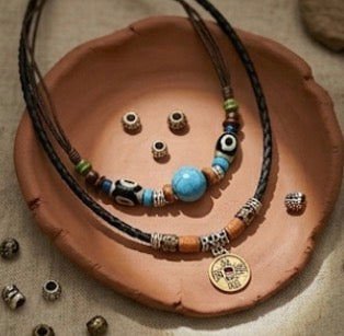 Double layer Coin and Blue Ball pendant with leather chain necklace