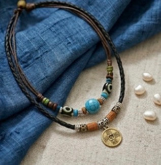 Double layer Coin and Blue Ball pendant with leather chain necklace