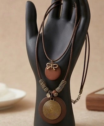 Double layer big coin pendant with leather chain necklace