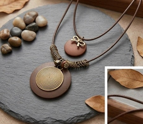 Double layer big coin pendant with leather chain necklace