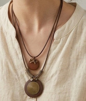 Double layer big coin pendant with leather chain necklace