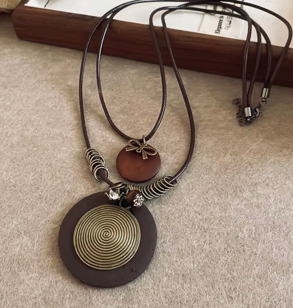 Double layer big coin pendant with leather chain necklace