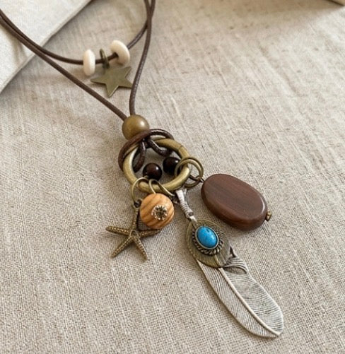 Feather pendant with leather chain necklace