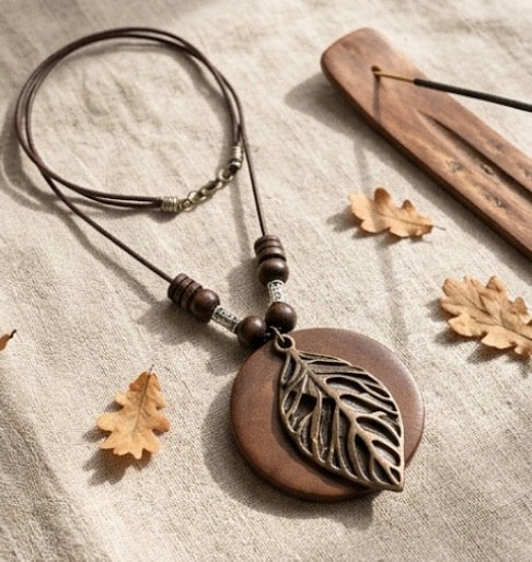 Small Leaf pendant with leather chain necklace