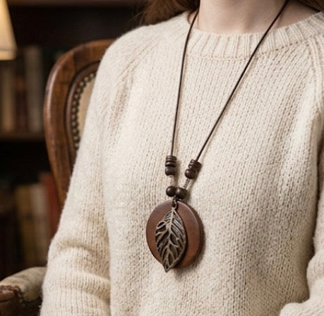 Small Leaf pendant with leather chain necklace