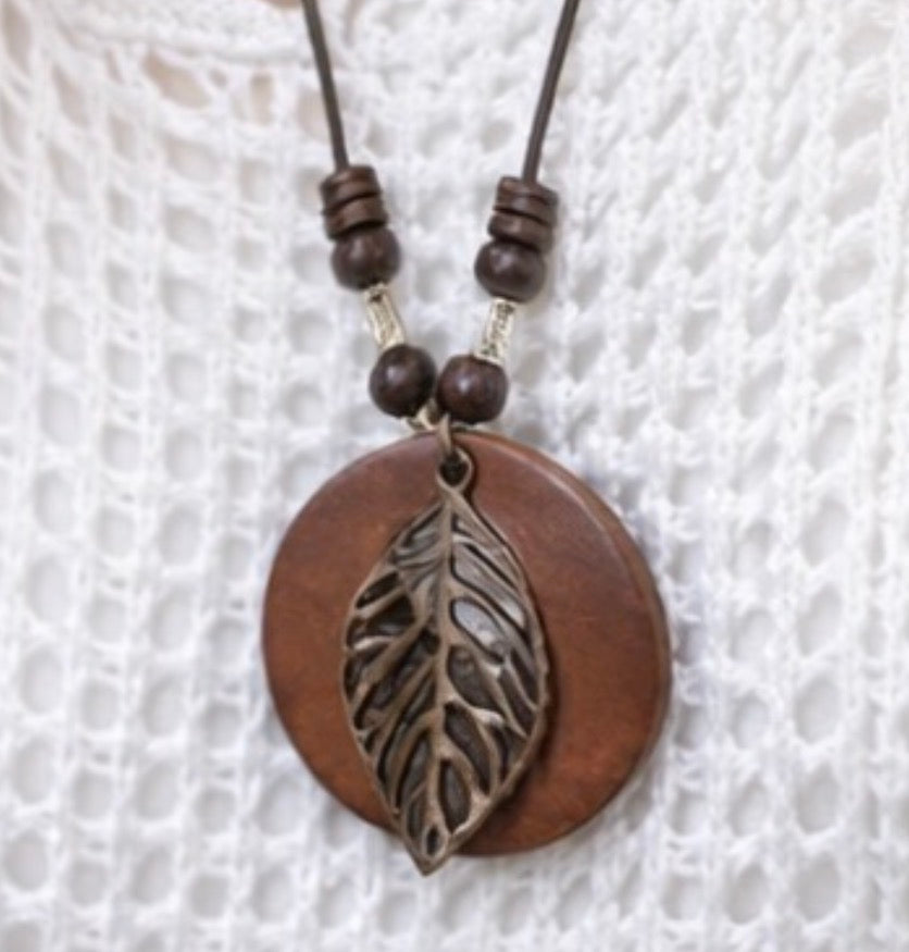 Small Leaf pendant with leather chain necklace