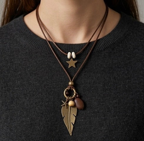 Big Leaf pendant with leather chain necklace