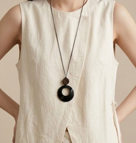 Black and brown stone pendant with leather chain necklace